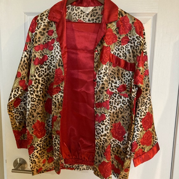 Silk Satin Pajama Set, Leopard Print, Red Roses, Animal Print, Red, Brown, Beige - Picture 2 of 9